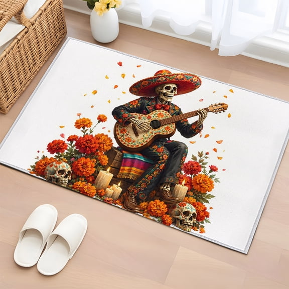 Halloween 2'x3' Washable Rug,Mexican Skeleton Play Guitar Abstract Florals Non-Slip Soft Doormat Area Rugs for Entrance Bathroom Bedsides,Front Doormat Carpet for Kitchen Bedroom,Entryway Floor Mat