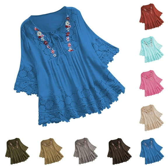 Olyvenn 3/4 Length Sleeve Womens Boho Tops Cotton Linen Mexican Embroidered Shirts Plus Size Flowy Lace Tunic Peasant Blouses Light Blue XXL