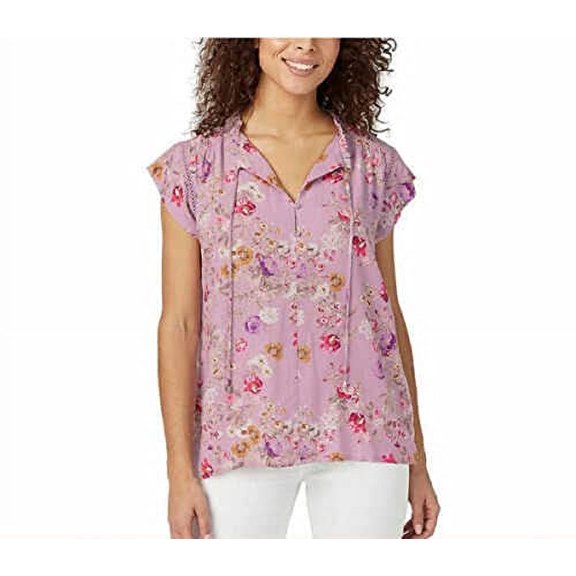 Buffalo Women's Top Sz S Floral Print Flutter Slv W/Tie Closure Blouse Pink