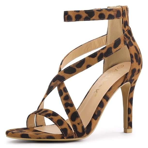 Sandalias De Tacón De Aguja Correa De Tobillo Cremallera Para Mujeres Leopardo 37