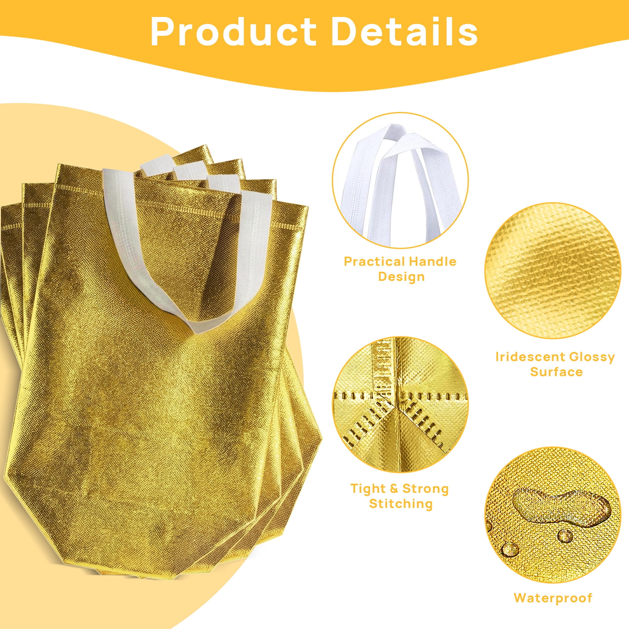 TickJOY 12 Pcs Iridescent Gift Bags with Handles, Holographic Reusable Gift Bags Medium Size, Goodie Bag for Birthdays, Christmas, Weddings, Holidays, Valentines (8"W x 4"D x 10"H, Gold)