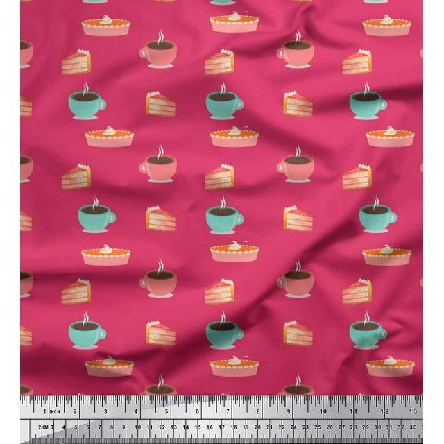 Soimoi Moss Georgette Fabric Cake Slice & Coffee Beverages Print Fabric by Yard 42 Inch Wide