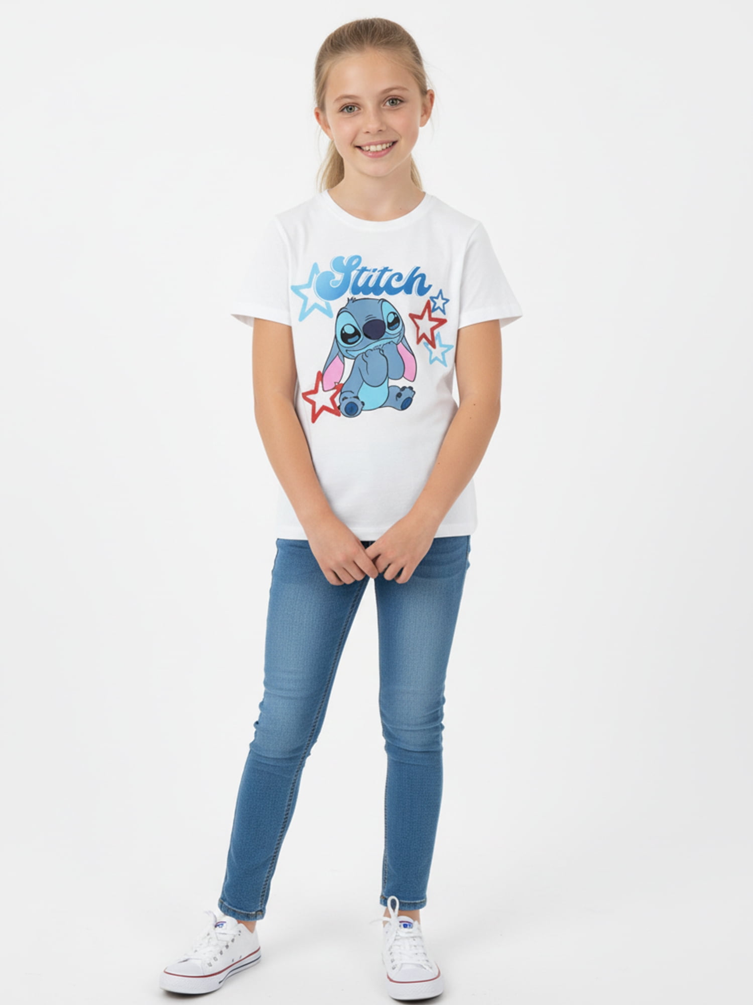 Lilo and Stitch Girls Happy Stitch Stars Graphic Tee with Short Sleeves, Sizes 4-16