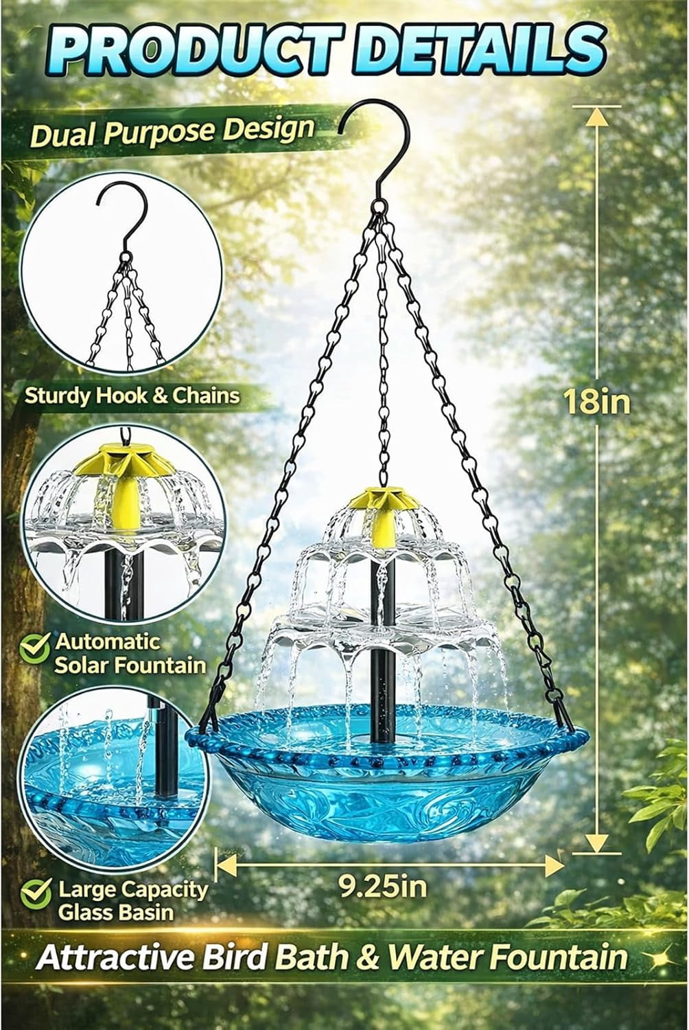 2026 New Solar Cascade Hanging Bird Bath Fountain, Outdoor Hanging Bird Bath with Solar Fountain, Large Humming Birds Baths Fountains, with Solars Pump & Acrylic Bowl, for Outdoor, Gardens