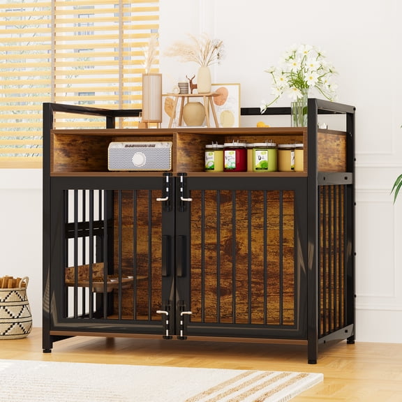 Dog Crate Furniture, Large Dog Kennel Indoor with Open Shelf, Heavy Duty Dog Crate with Adjustable Raised Feeder for Large Dogs, Wooden Dog Cage
