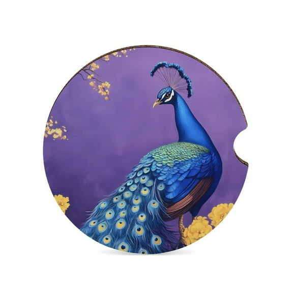 Peacock And Yellow Flowers Car Coasters for Drinks with A Finger Notch for Easy Removal Cup Holder Coaster Cute Car Interior Accessories 1PCS