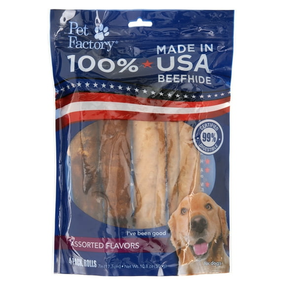 Pet Factory 100% Beefhide Assorted Flavors Medium Rolls Dog Chews (4 Count)