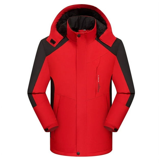 LSLJS Women's Winter Detachable Cap and Windproof Thickened Fleece Outdoor Sports Warm Jacket( Red, XXL)