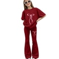 thumbnail image 2 of Girls Outfits Summer Short Sleeve T Shirt Flare Pants Sets Cute Bow Printed Casual Vacation Clothes Size 5-15T Clothes for Girls 10-12 Trendy for School, 2 of 5