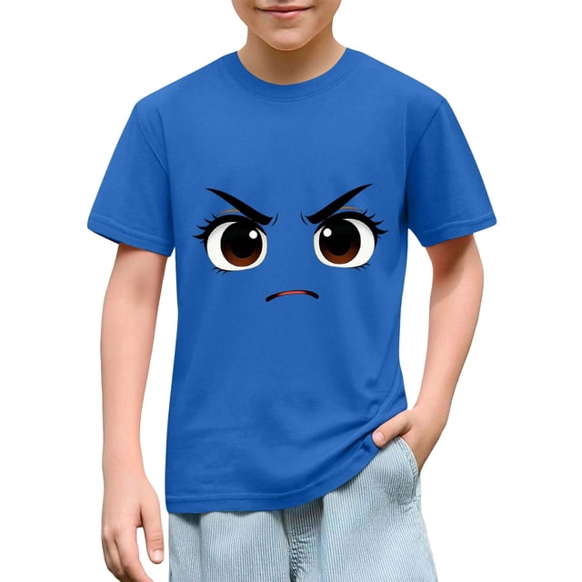 Blusas y camisas de manga corta con cuello redondo para niños y niñas, color liso, con estampado de expresión linda, manga corta, holgadas y cómodas, blusa para niña