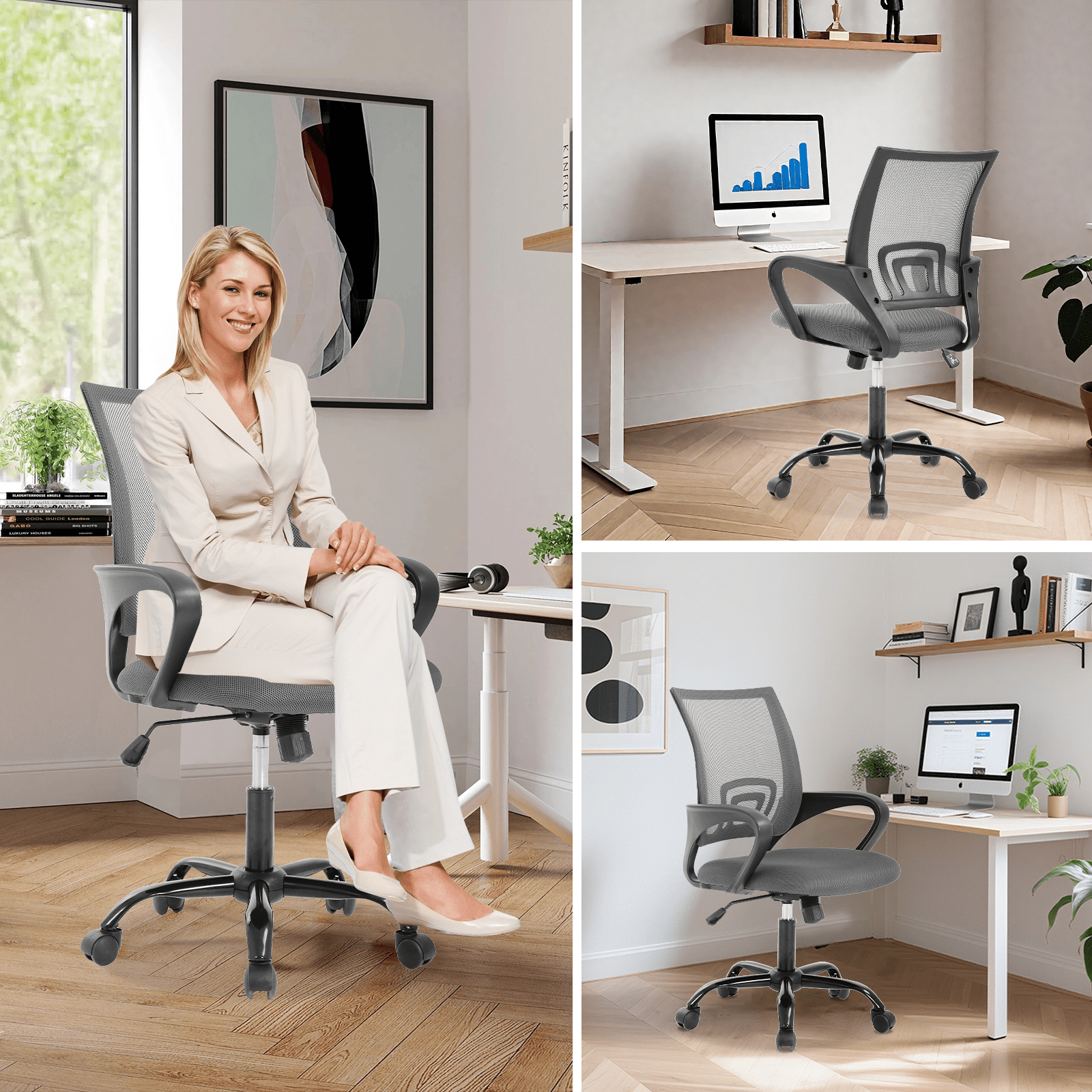 Mid Back Computer Chair Mesh Office Chair Height Adjustable Task Rolling Swivel Chair Comfortable Seat & Back Support Ergonomic Desk Chair with Armrest & 360 Degree Casters,Grey