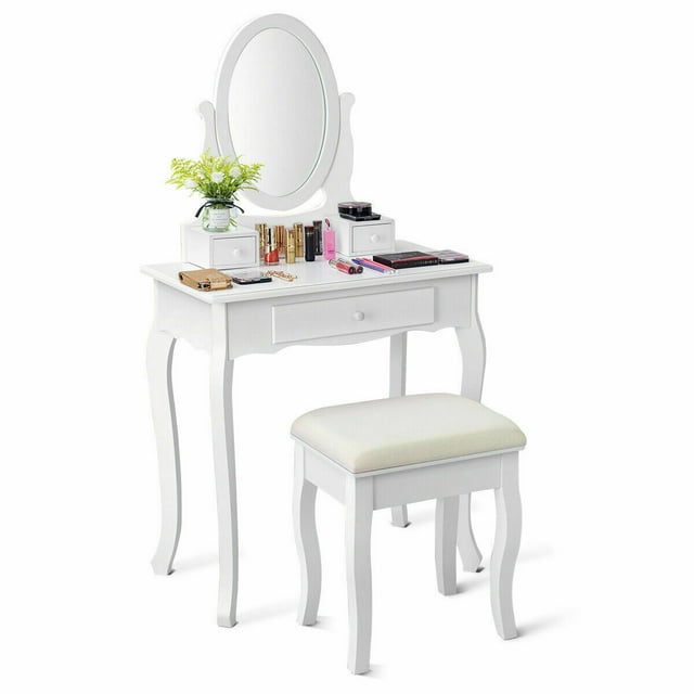 Gymax Ensemble Table de Maquillage et Tabouret avec Tiroirs Miroir Coiffeuse Blanc