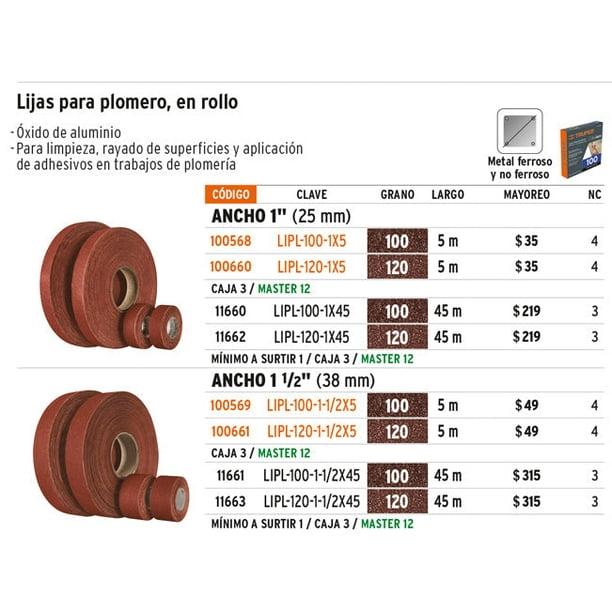 Lija para plomero grano 100, ancho 1', rollo de 45 m Truper Lija para