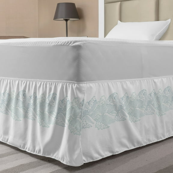 Waves Bed Skirt, Outline Sea Scene Hand Drawn Tropic Coast Exotic Ocean Shore Outdoors Illustration, Elastic Bedskirt Dust Ruffle Wrap Around for Bedding Decor, 4 Sizes, Blue White, by Ambesonne
