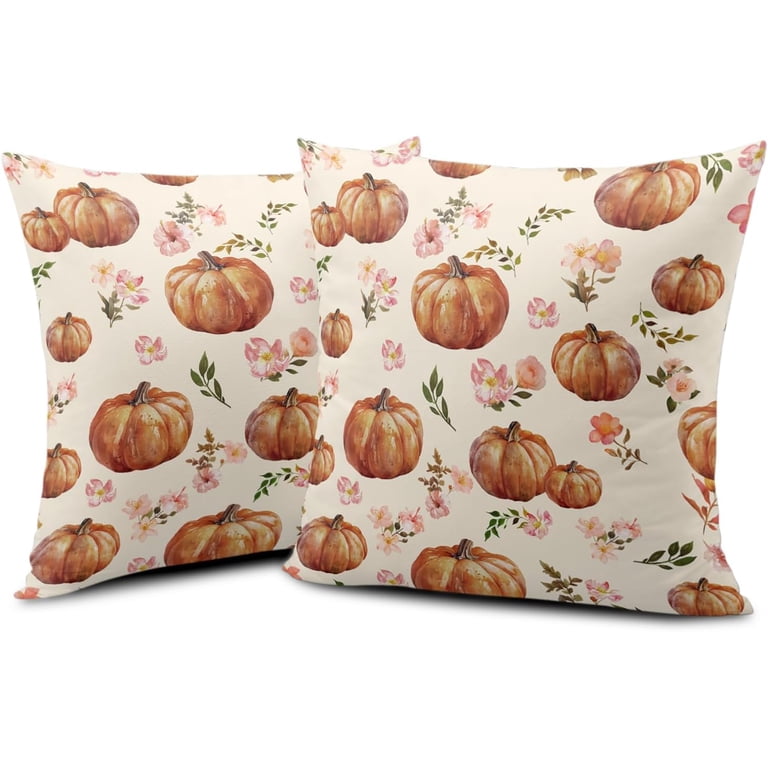 Set Of 2 Fall Pillow Covers 18x18 - Pumpkin & Floral Pattern, Thanksgiving Farmhouse Decor
