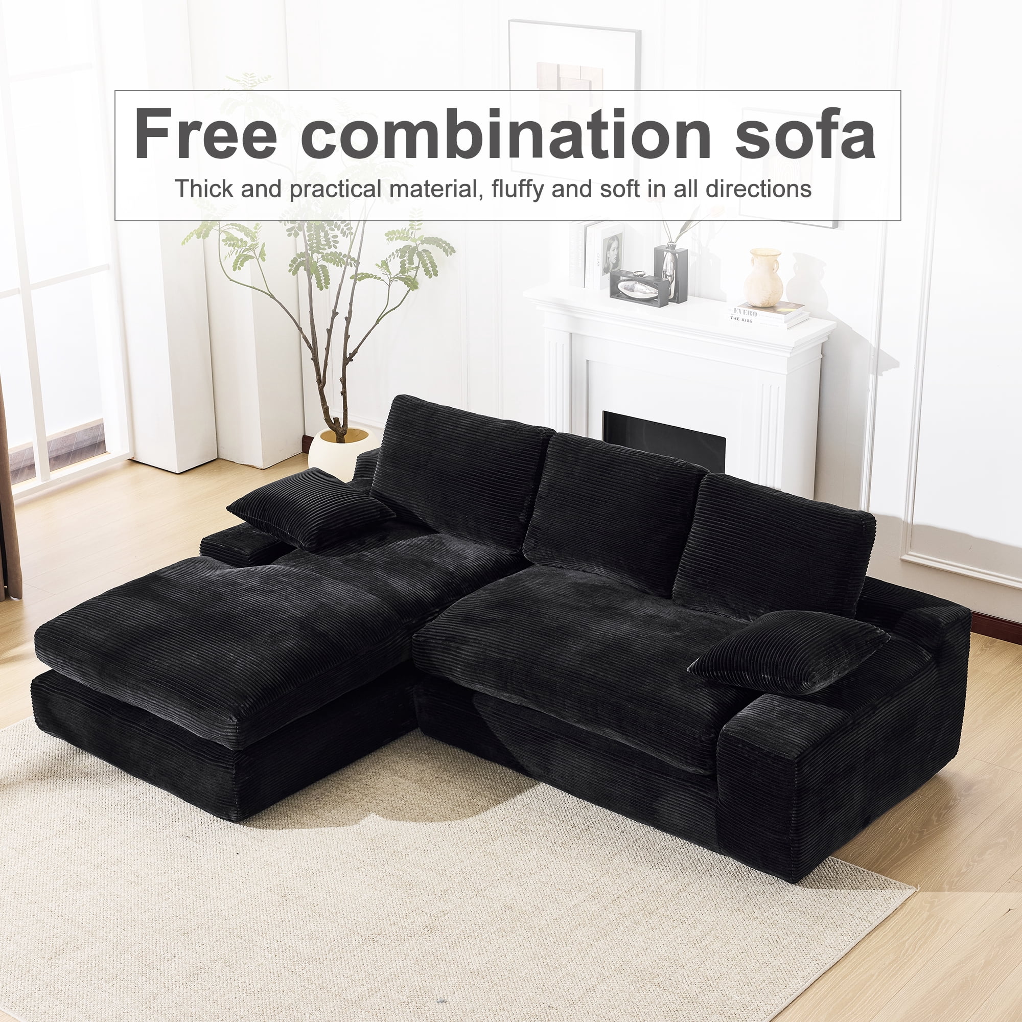 Convertible Sofa, Corduroy Compressed Sofa Bed, 3-Seat Sleeper Couch with 3 Back Cushions and 2 Throw Pillows, Soft Skin-Friendly Fabric, Wide Seat for Living Room Apartment, Black