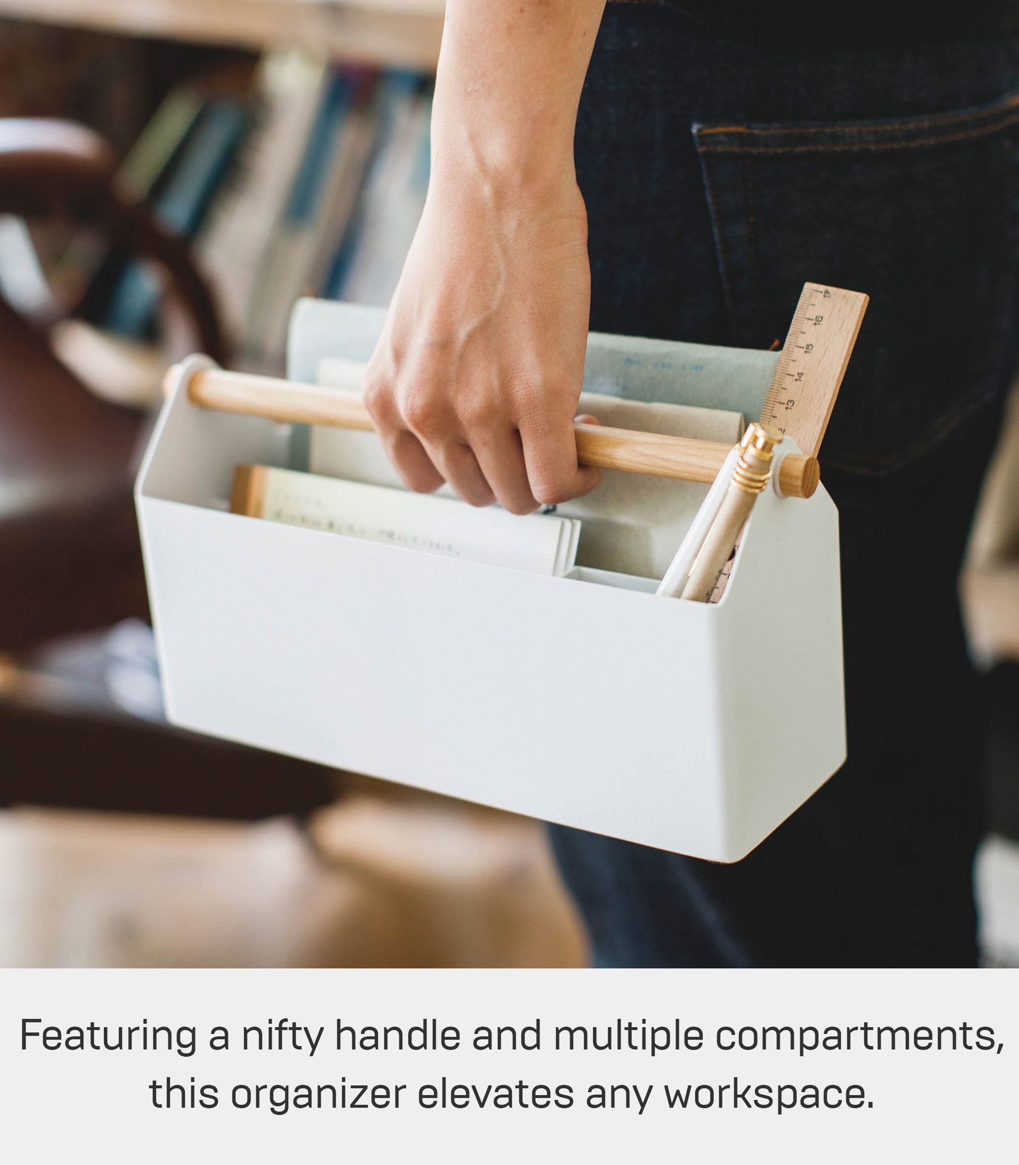 Yamazaki Home Pen + Desk Organizer - Two Sizes, White, Steel + Wood, Caddy, Handles, No Assembly