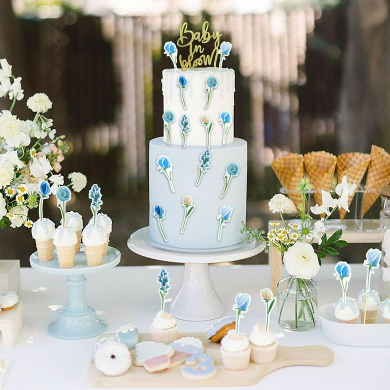 13 PCS Baby In Bloom Cake Toppers Blue Wildflower Cupcake Toppers