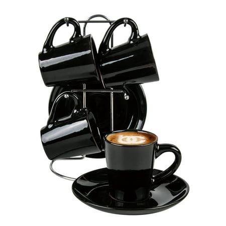 Bene Casa 9-piece Espresso set with rack, 4 espresso cup set, cup and saucer set,4-person espresso set, dishwasher safe, Black