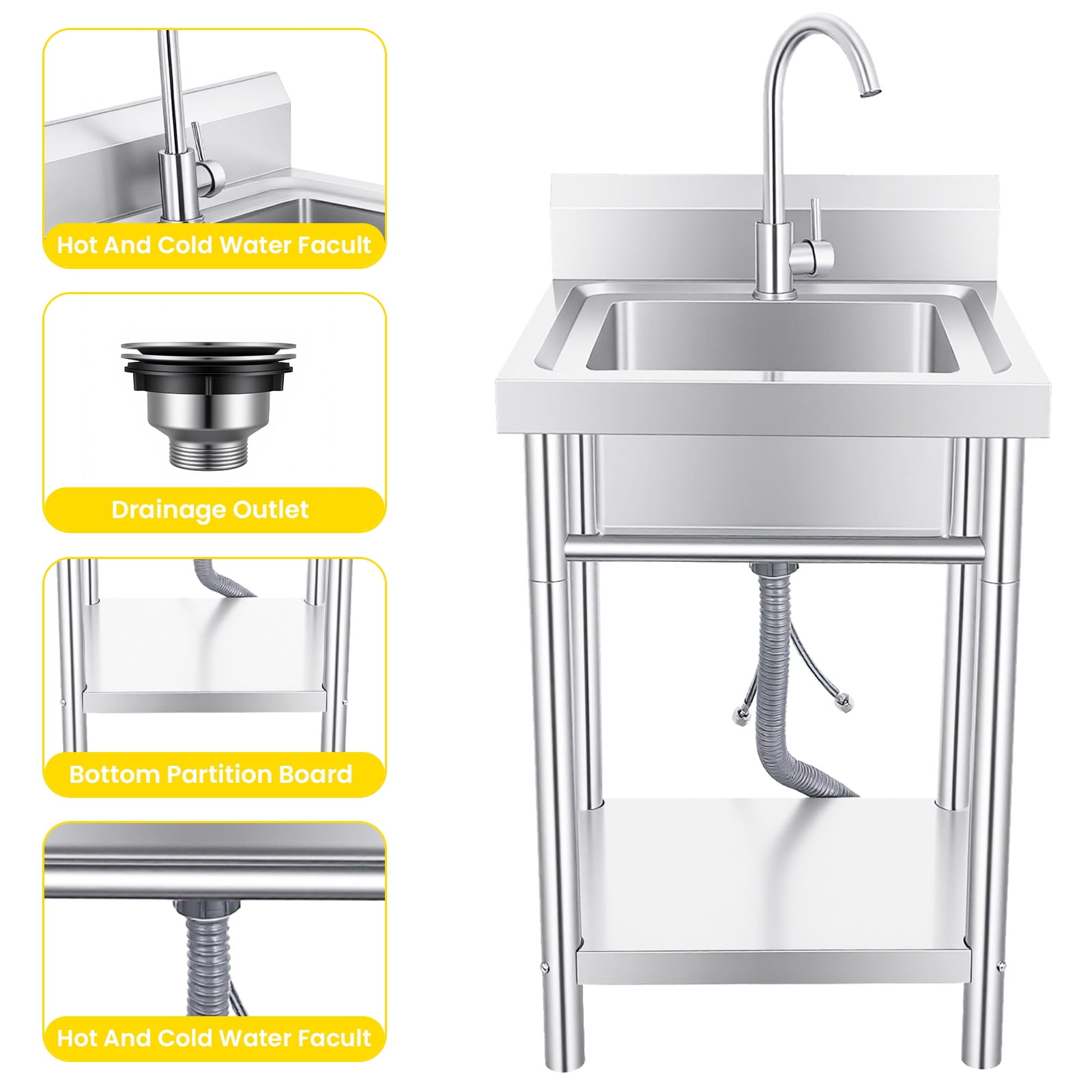 Stainless Steel Silver Freestanding Laundry Sink, Single Bowl Utility Sink with Drain Strainer & Shelf, 360° Rotation Faucet for Indoor Outdoor Use