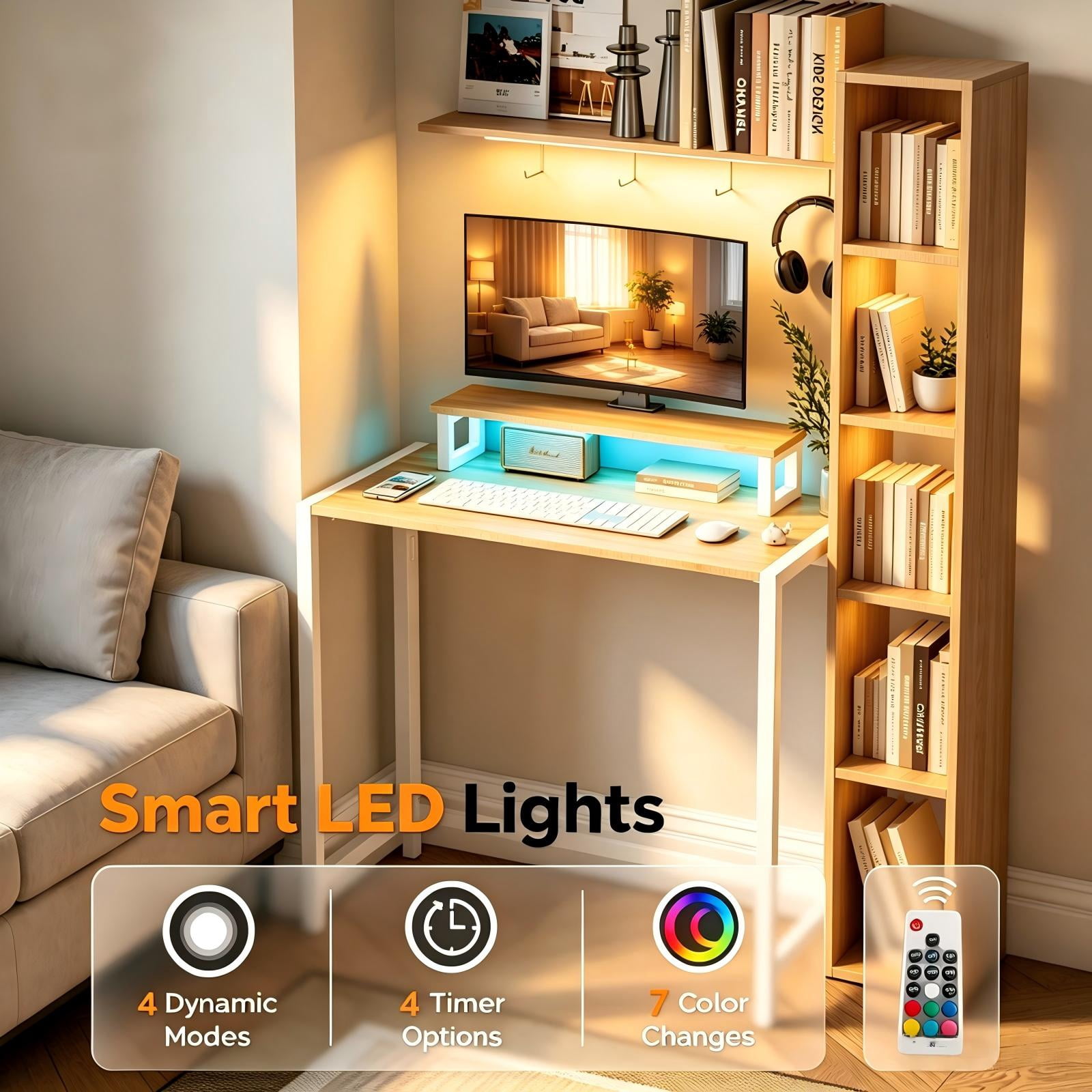 31.5" Computer Desk with Desktop Shelf and RGB Lighting, Foldable, Teak & White