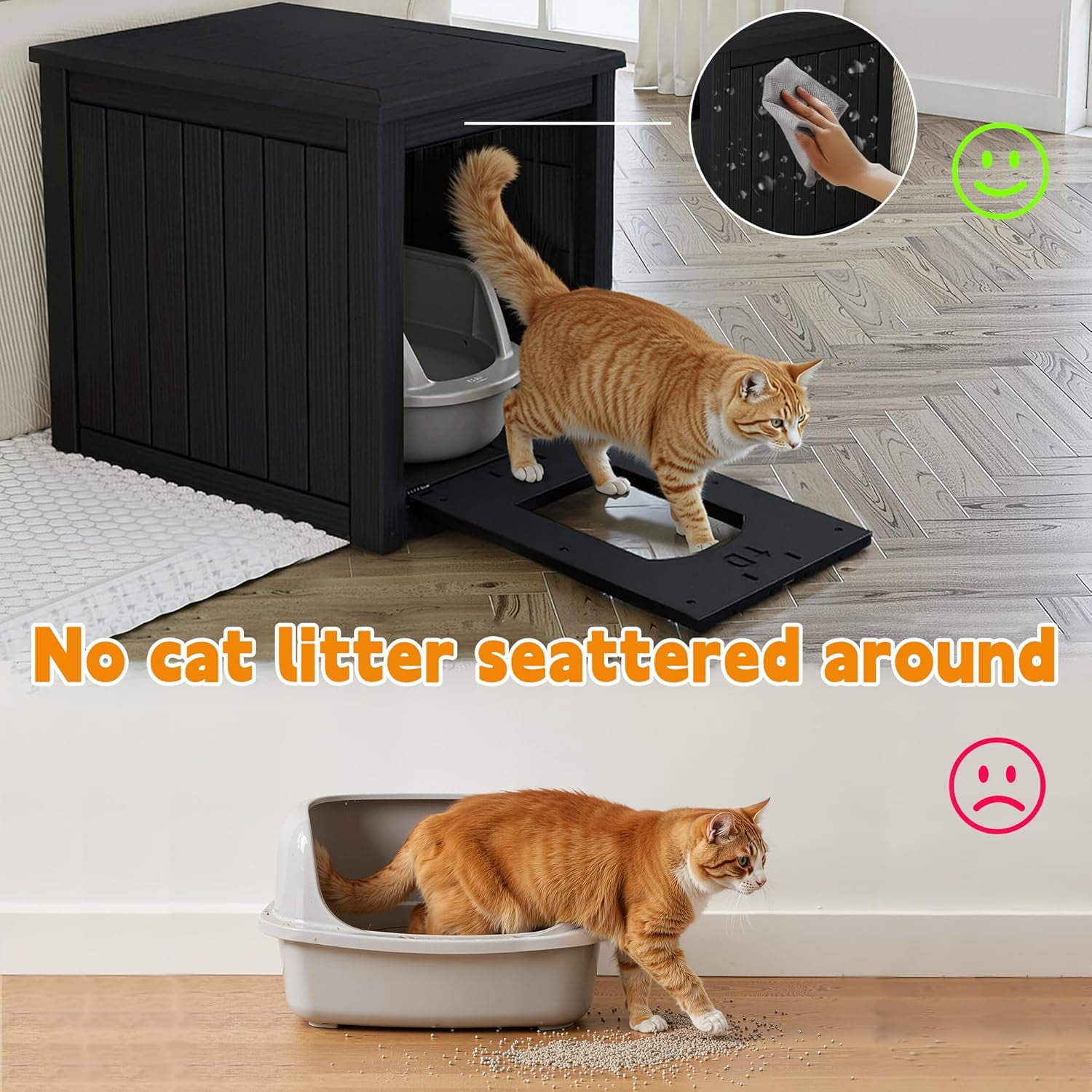 Favory Hidden Cat Litter Box Enclosure Furniture, Indoor Outdoor Cat House Side Table with Openable Door & Raised Floor, Easy Clean Assemble, Black
