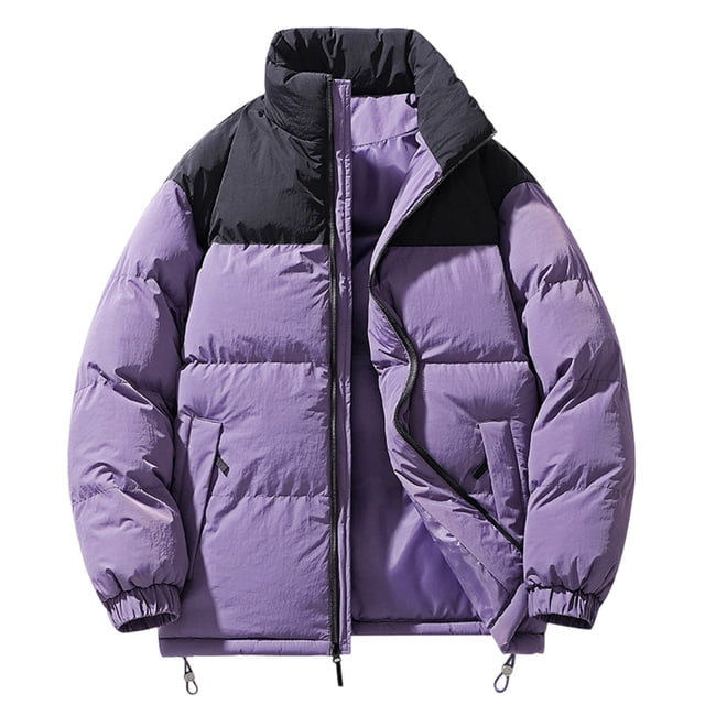 Lovzfmll Men's Color Block Puffer Jacket Stand Collar Heavyweight Quilted Zip Up Purple, 2XL
