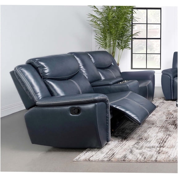JERFIT Modern Blue Faux Leather Reclining Loveseat with Center Console, Cup Holders & Power Motion Recliner for Living Room