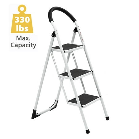 KingSo 3 Step Ladder Folding Step Stool Platform Ladder with Handgrip Anti-Slip and Wide Pedal Sturdy Steel Ladder, 330Lbs High Capacity for Home Use, Library Use