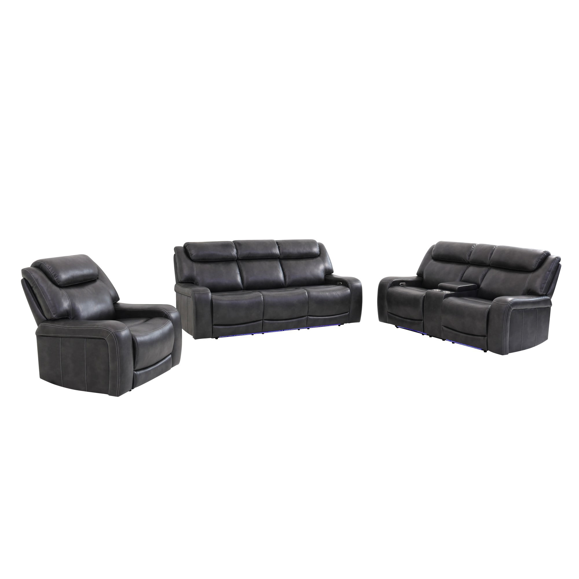 Gewnee 3‑Piece Power Recliner Sofa Set, Air Leather Upholstery, Adjustable Recline with USB Port, Flip‑Up Center Console, Storage Bin, Cup Holders & LED Ambient Light, Living Room Furniture, Black