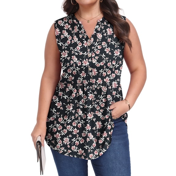 OutfitShow Women Plus Size Blouse, Casual V Neck Sleeveless Shirt Pleated Button Tunic Top