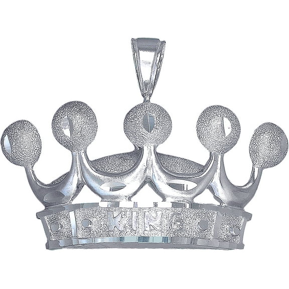 Large Sterling Silver Crown Charm Pendant Necklace 1.9 Inches 11 Grams with Diamond Cut Finish and 24 Inch Figaro Chain