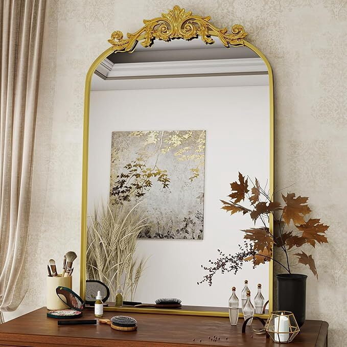 Mirrasia 36" x 24" Vintage Arched Wall Mirror Retro Metal Frame Vanity Mirror with Carved Top, Gold