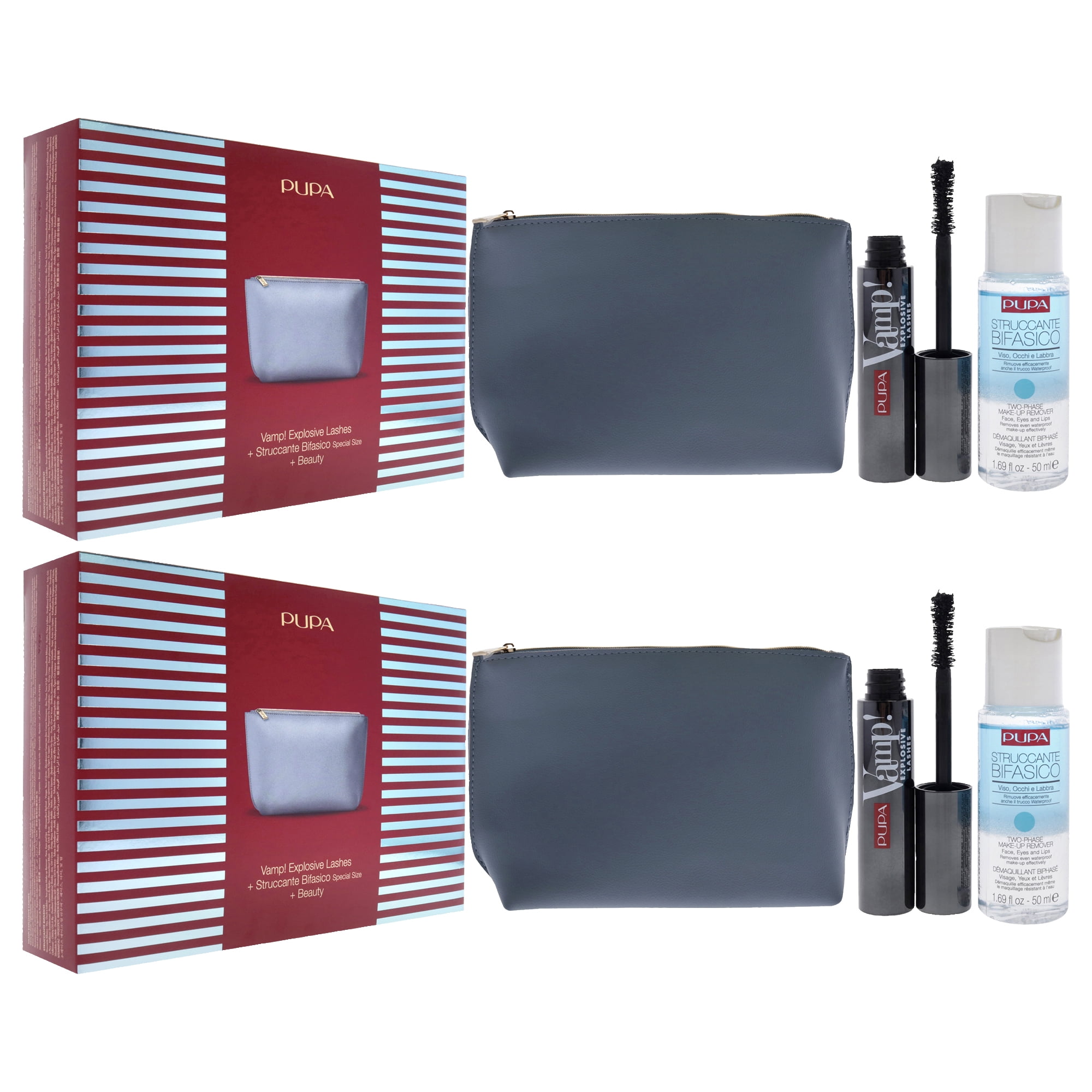 Pupa Milano Vamp! Explosive Lashes and Two-Phase Make-Up Remover Set - Pack of 2 , 3 Pc 0.40oz Vamp! Explosive Lashes - 110 Black, 1.69oz Two-Phase Make-Up Remover, Beauty Bag