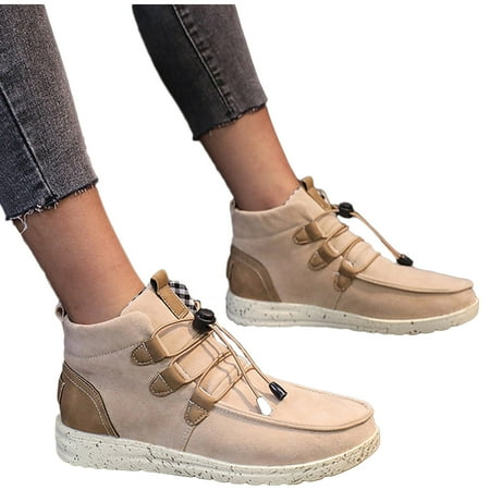 

jsaierl Women s Sport Shoes Lace-Up Wild Round Toe Retro Flock Solid Color Casual Sneakers