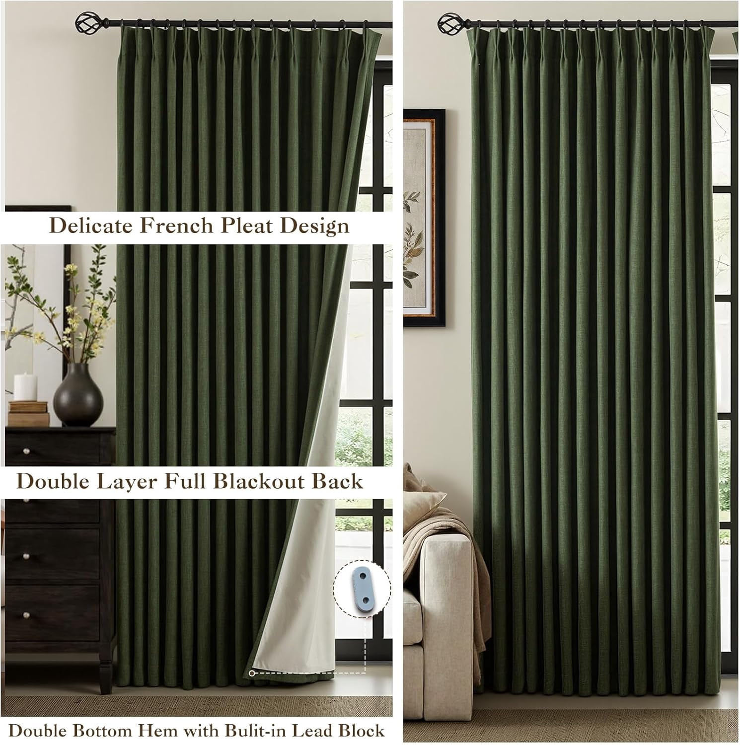 Nalqet Linen Pinch Pleated Full Blackout Curtains for Bedroom - 2 Pages Black Out Olive Green Curtains 84 Inch Long 2 Panel for Living Room Darkening Thermal Window Curtain Drapes with 16pc Hooks
