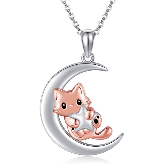 JUSORA Cat Necklace 925 Sterling Silver Cat Moon Pendant Necklace Kitten Cat Jewelry Gifts for Women Cat Lovers