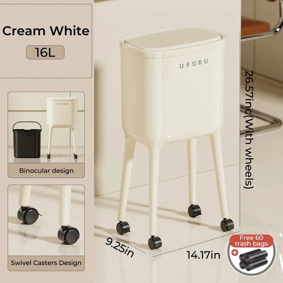 UFORU 16L Rolling Trash Can with 60 Trash Bags, No-Bend High-Leg Design,Lockable Wheels, Durable ABS & PP Construction for Kitchen and Living Room Storage