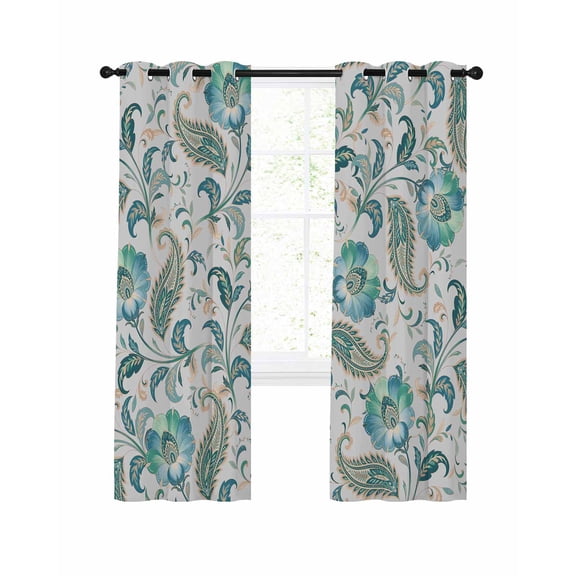 Teal Paisley Floral Blackout Curtains, Light Blocking Print Window Curtains, Boho Ethnic Tribe Traditional Thermal Insulated Window Drapes for Living Room Kitchen Cafe 2 Panels, 55"W x 39"L