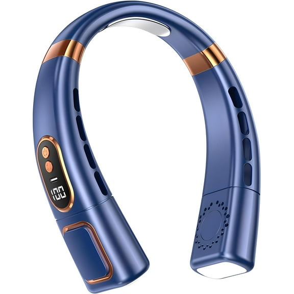 Hanging Neck Fan Digital Display with Colorful Atmosphere Light 4000mAh USB Rechargeable 5 Speeds Ventilador Bladeless Portable Neck Fan Air Cooler Personal Fans (Blue)