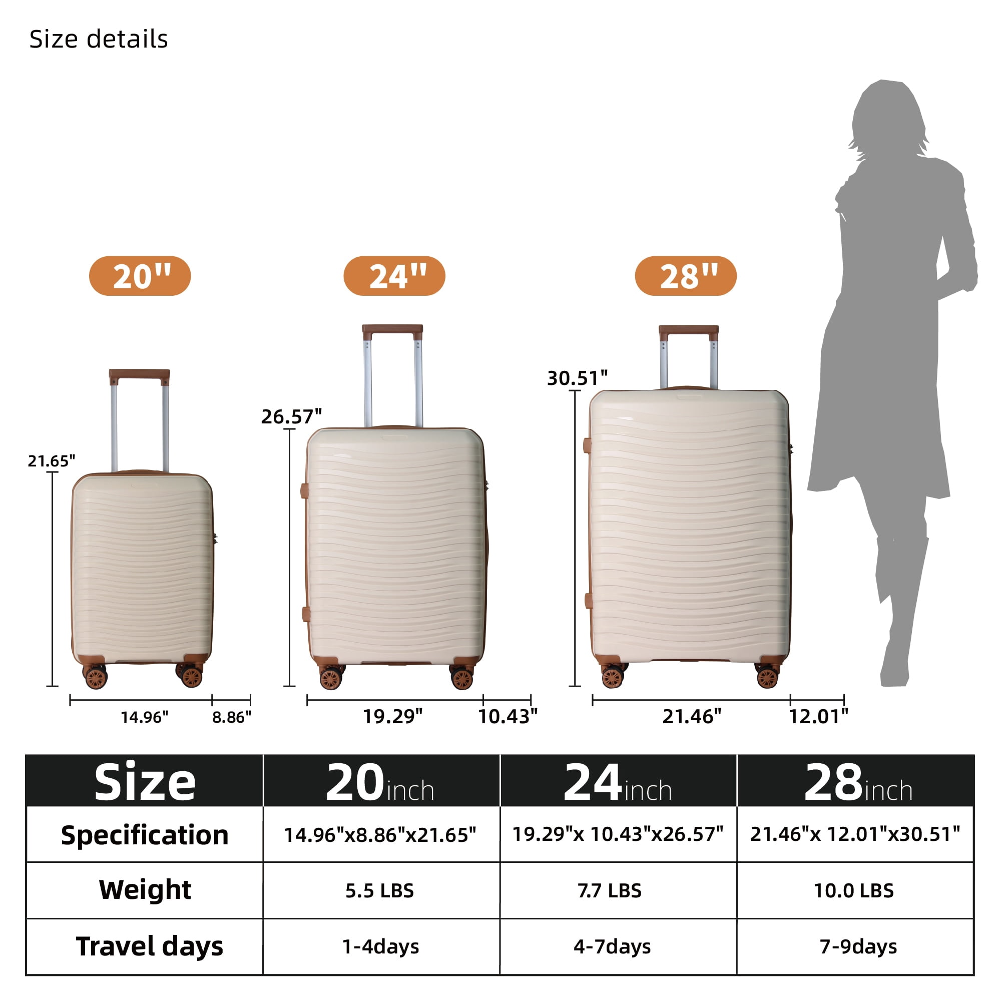 MAYEERTY 3-Piece Luggage Set, Polypropylene Hardshell Suitcase with Spinner Wheels & TSA Lock, Beige Brown