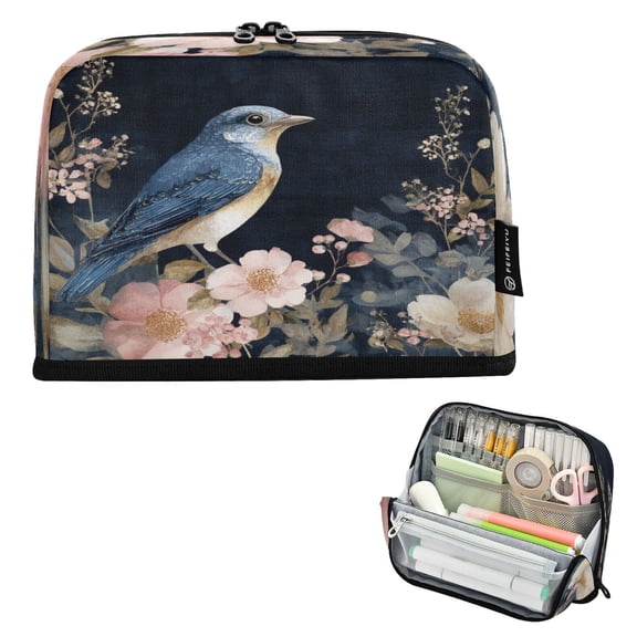 Standing Pencil Case with Base Large Capacity Stationery Pouch Pen Bag with Zipper for Women Men Watercolor Vintage Blue Bird
