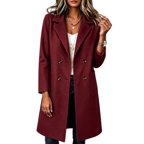 Edvintorg Jackets for Women Trendy Notch Lapel Long Coat Long Sleeve Open Front Outerwear with Pocket Women Clothing Wine XS-2XL