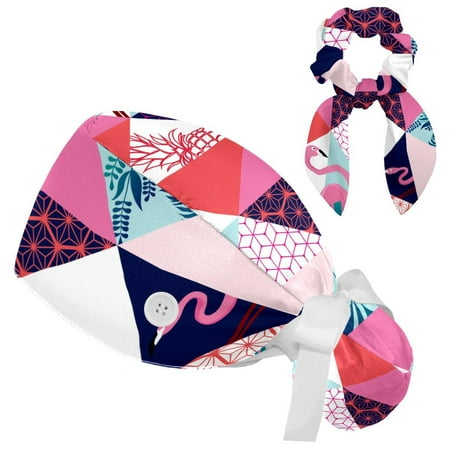 

Working Cap with Buttons and Sweatband Scrub Hat Bouffant Caps with Scrunchie Flamingo Tie Back Hats