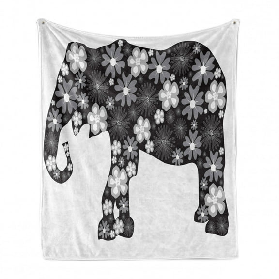 Animal Soft Flannel Fleece Throw Blanket, Floral Pattern with Flower Petals on the Body Tropical Boho Style Zoo Image, Cozy Plush for Indoor and Outdoor Use, 70" x 90", Grey White, by Ambesonne