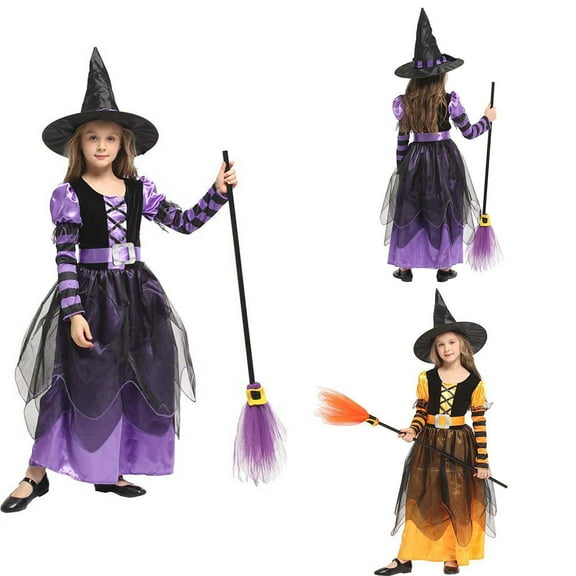 Zwiiyzr 4-9Y Girls Halloween Outfits for Childrens Princess Hat Dress Up Ball Witch Performance School Clothes Purple