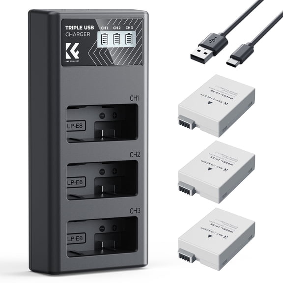 K&F CONCEPT 3-Pack LP-E8 Battery and Upgraded LCD Charger Compatible with Canon EOS Rebel T2i, T3i, T4i, T5i, 550D, 600D, 650D, 700D, Kiss X4, Kiss X5, Kiss X6 Cameras
