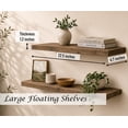 thumbnail image 2 of Induslyfe Large Rustic Brown Floating Wall Shelves, Wood Wall Mounted Shelf, Set, 22.5 x 6.7 in, Set of 2, shelf over toilet farmhouse decor, 2 of 6