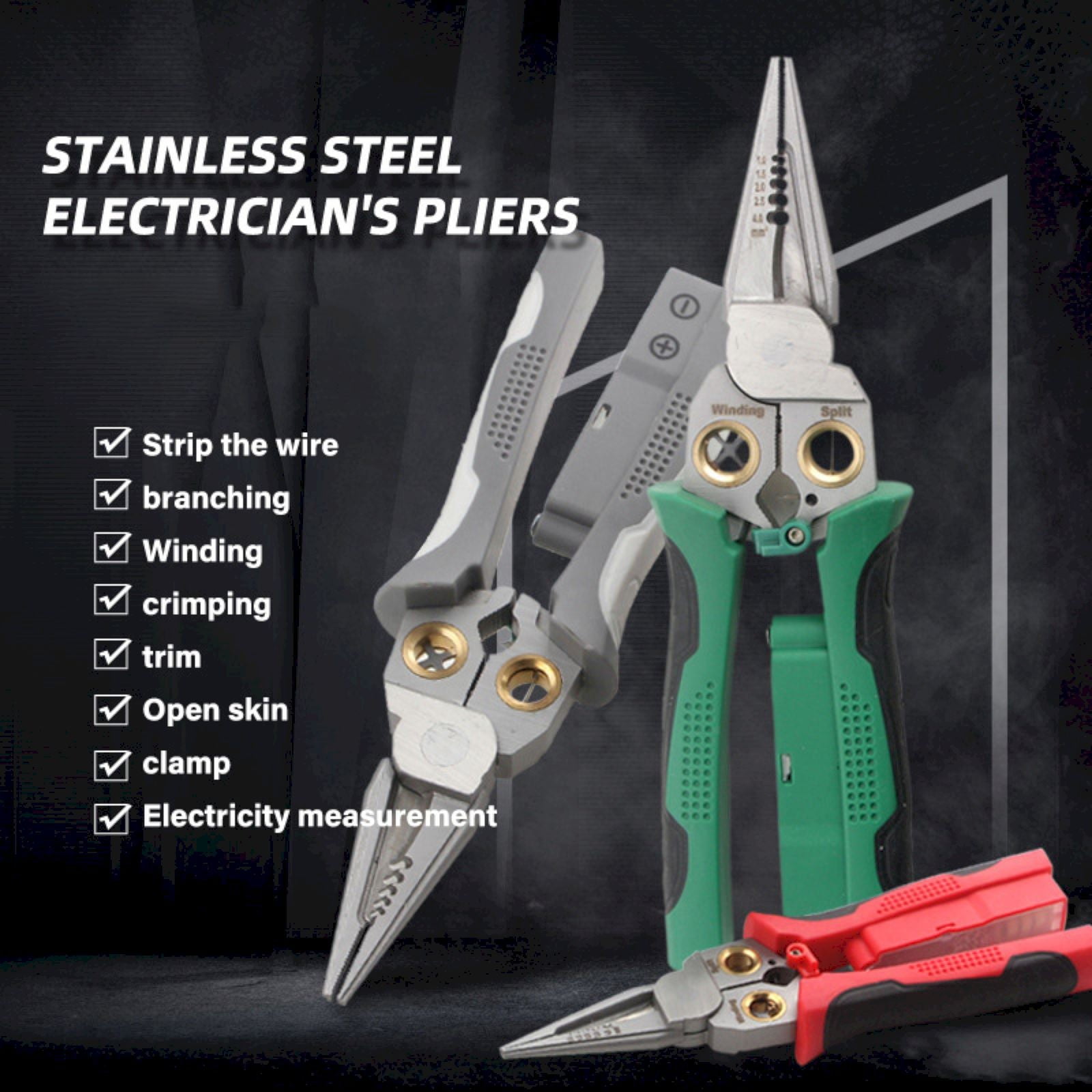 8 In 1 Wire Stripper with Voltage Tester Multi Function Cable Cutters - Pliers Crimper Splitter, Hardened Steel Blades, Cuts & Strips 10-18 AWG Wires, Compact Design, Green, 1 PCS