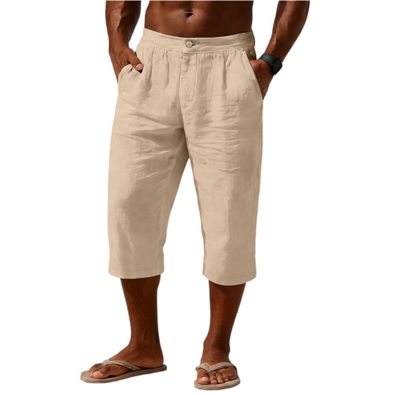 LWavelet Men's Linen Blend Capri Pants Button Waist with Side Pockets for Vacation Beach Casual Use Beige 2XL